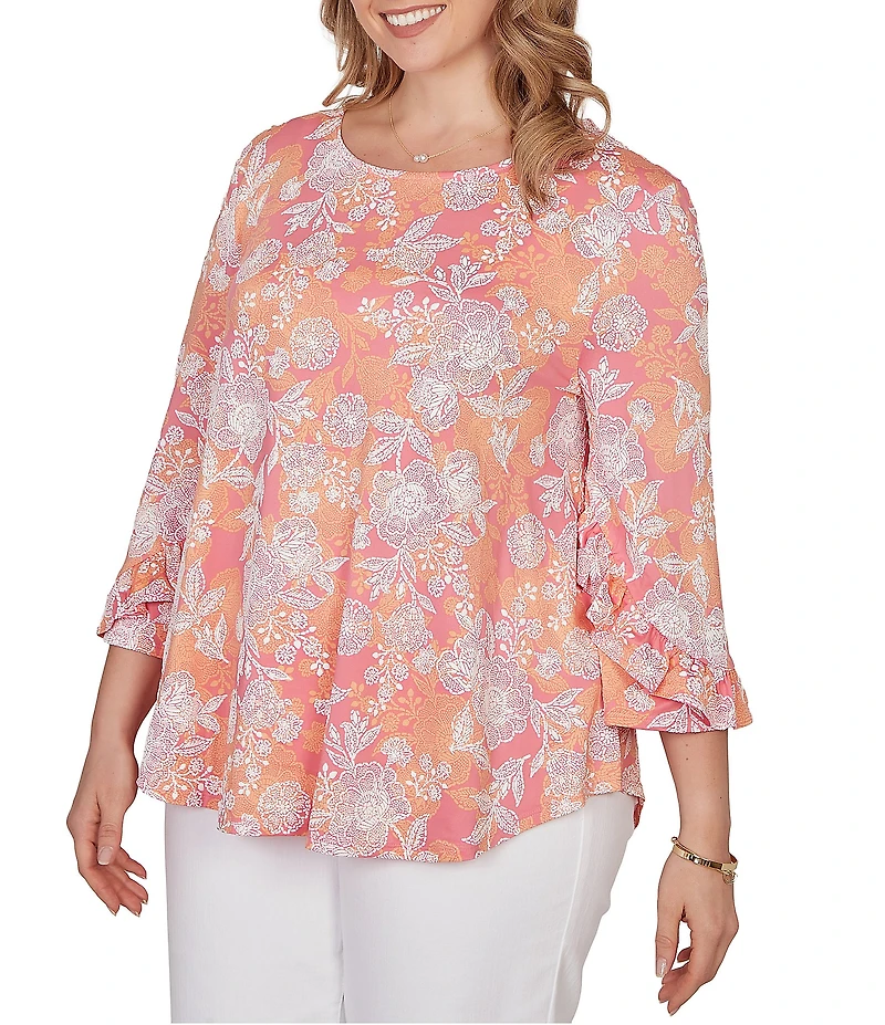 Ruby Rd. Plus Size Floral Scoop Neck 3/4 Ruffle Trim Sleeve Top