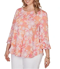 Ruby Rd. Plus Size Floral Scoop Neck 3/4 Ruffle Trim Sleeve Top