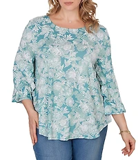 Ruby Rd. Plus Size Floral Scoop Neck 3/4 Ruffle Trim Sleeve Top