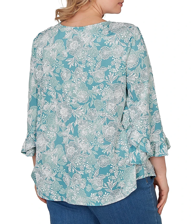 Ruby Rd. Plus Size Floral Scoop Neck 3/4 Ruffle Trim Sleeve Top