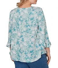 Ruby Rd. Plus Size Floral Scoop Neck 3/4 Ruffle Trim Sleeve Top