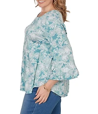Ruby Rd. Plus Size Floral Scoop Neck 3/4 Ruffle Trim Sleeve Top
