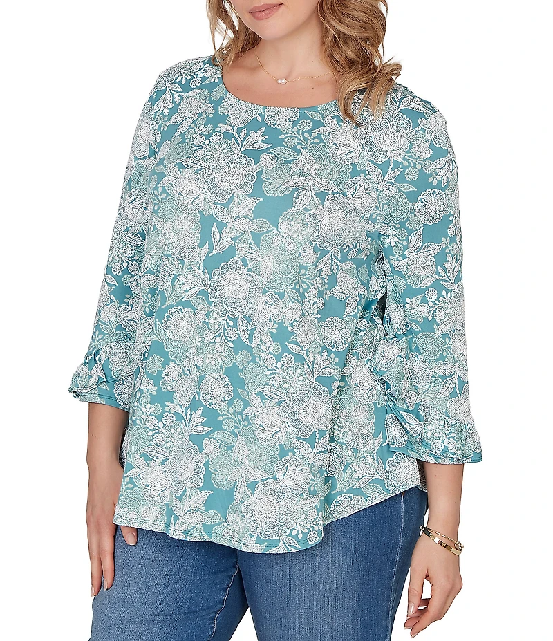 Ruby Rd. Plus Size Floral Scoop Neck 3/4 Ruffle Trim Sleeve Top