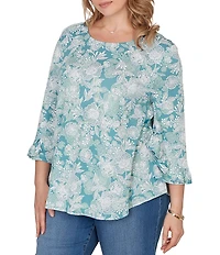 Ruby Rd. Plus Size Floral Scoop Neck 3/4 Ruffle Trim Sleeve Top