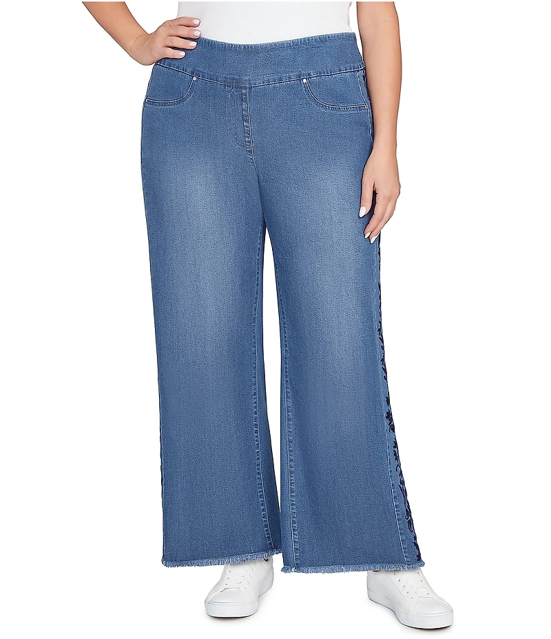 Ruby Rd. Plus Size Floral Soft Flocked Pull-On Bootcut Ankle Jeans