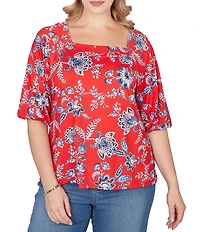 Ruby Rd. Plus Size Floral Square Neck Elbow-Length Sleeve Knit Top