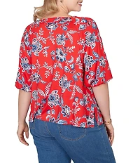 Ruby Rd. Plus Size Floral Square Neck Elbow-Length Sleeve Knit Top