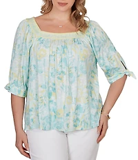 Ruby Rd. Plus Size Floral Square Neck Elbow Tie Sleeve Pleated Top