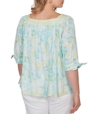 Ruby Rd. Plus Size Floral Square Neck Elbow Tie Sleeve Pleated Top