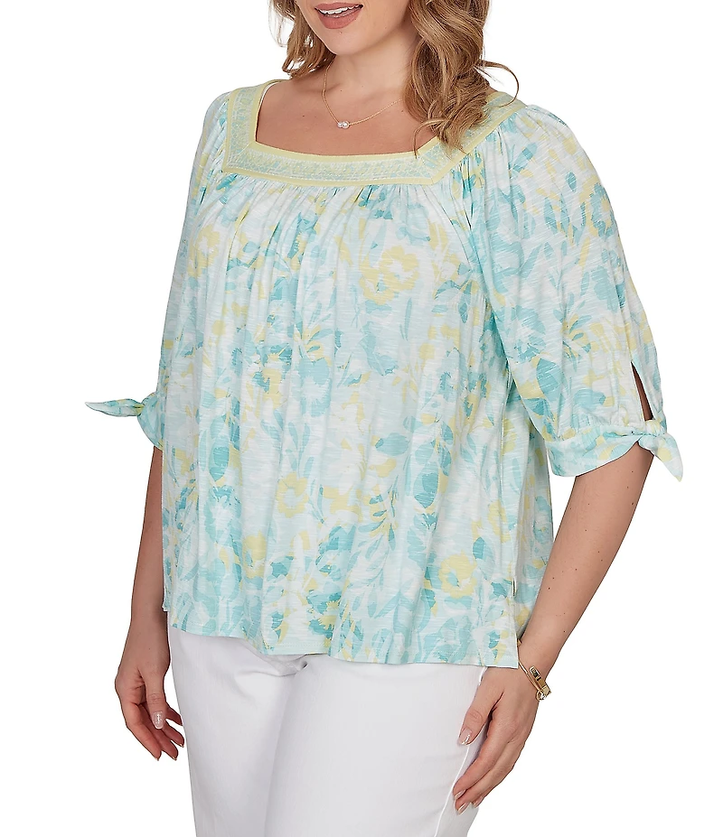Ruby Rd. Plus Size Floral Square Neck Elbow Tie Sleeve Pleated Top