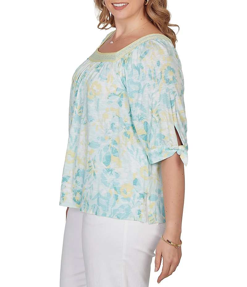 Ruby Rd. Plus Size Floral Square Neck Elbow Tie Sleeve Pleated Top