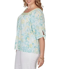 Ruby Rd. Plus Size Floral Square Neck Elbow Tie Sleeve Pleated Top