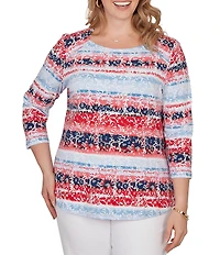 Ruby Rd. Plus Size Floral Stripe Envelope Neck 3/4 Sleeve Knit Top