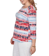 Ruby Rd. Plus Size Floral Stripe Envelope Neck 3/4 Sleeve Knit Top