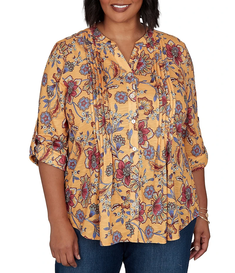 Ruby Rd. Plus Size Floral Vine V-Neck 3/4 Roll-Tab Sleeve Button Front Shirt