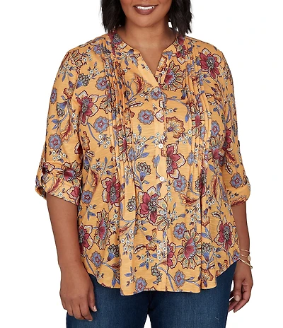 Ruby Rd. Plus Size Floral Vine V-Neck 3/4 Roll-Tab Sleeve Button Front Shirt