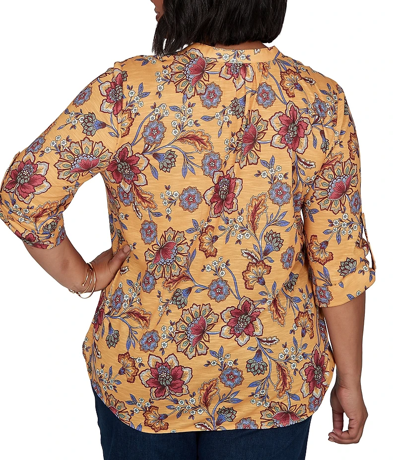 Ruby Rd. Plus Size Floral Vine V-Neck 3/4 Roll-Tab Sleeve Button Front Shirt