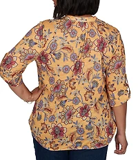 Ruby Rd. Plus Size Floral Vine V-Neck 3/4 Roll-Tab Sleeve Button Front Shirt