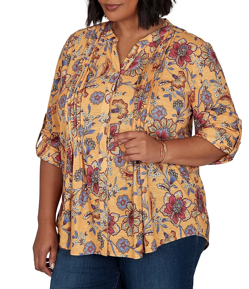 Ruby Rd. Plus Size Floral Vine V-Neck 3/4 Roll-Tab Sleeve Button Front Shirt