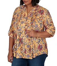 Ruby Rd. Plus Size Floral Vine V-Neck 3/4 Roll-Tab Sleeve Button Front Shirt