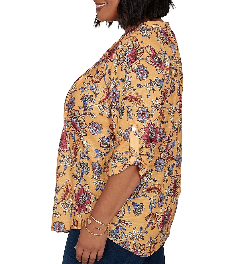 Ruby Rd. Plus Size Floral Vine V-Neck 3/4 Roll-Tab Sleeve Button Front Shirt