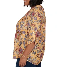 Ruby Rd. Plus Size Floral Vine V-Neck 3/4 Roll-Tab Sleeve Button Front Shirt