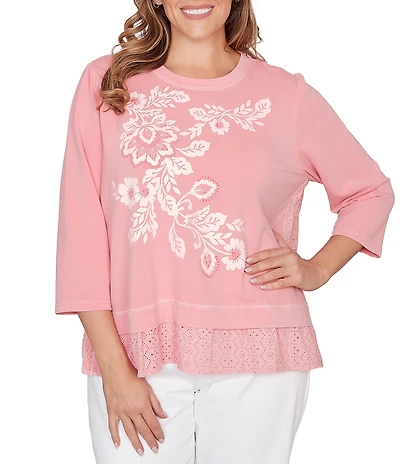 Ruby Rd. Plus Size French Terry Knit Floral Embroidered Eyelet Accents Top