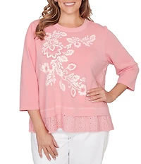 Ruby Rd. Plus Size French Terry Knit Floral Embroidered Eyelet Accents Top