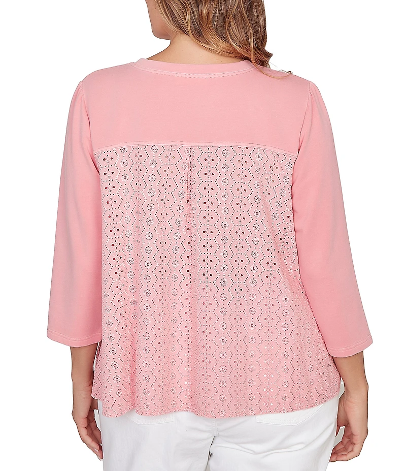Ruby Rd. Plus Size French Terry Knit Floral Embroidered Eyelet Accents Top