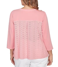 Ruby Rd. Plus Size French Terry Knit Floral Embroidered Eyelet Accents Top