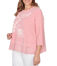 Ruby Rd. Plus Size French Terry Knit Floral Embroidered Eyelet Accents Top