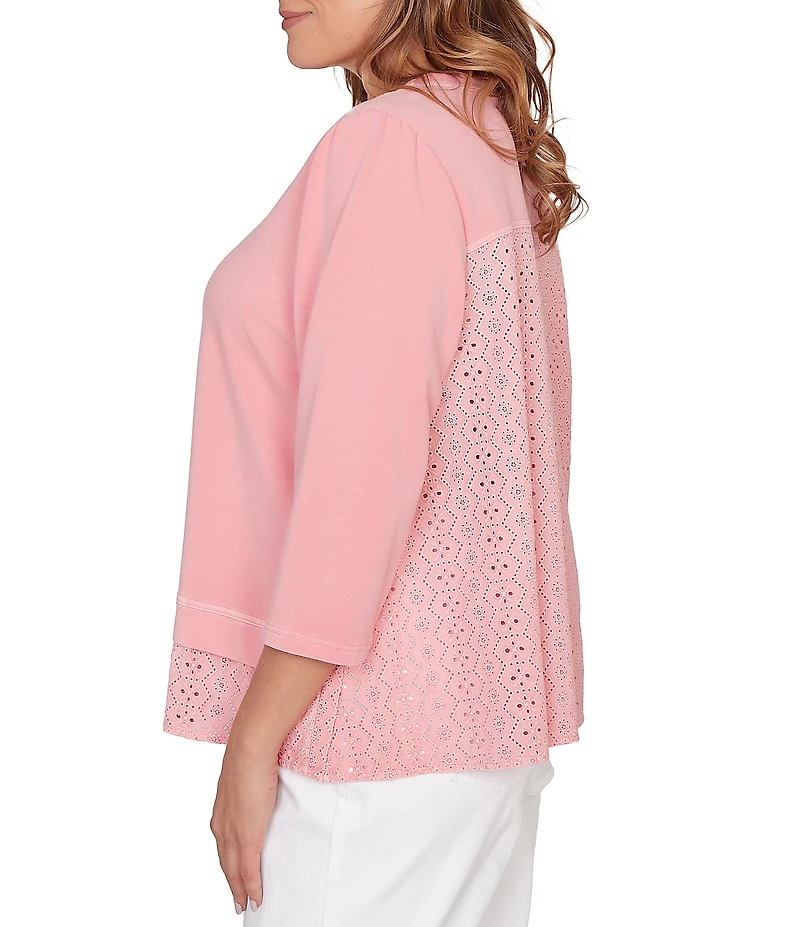 Ruby Rd. Plus Size French Terry Knit Floral Embroidered Eyelet Accents Top