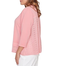 Ruby Rd. Plus Size French Terry Knit Floral Embroidered Eyelet Accents Top