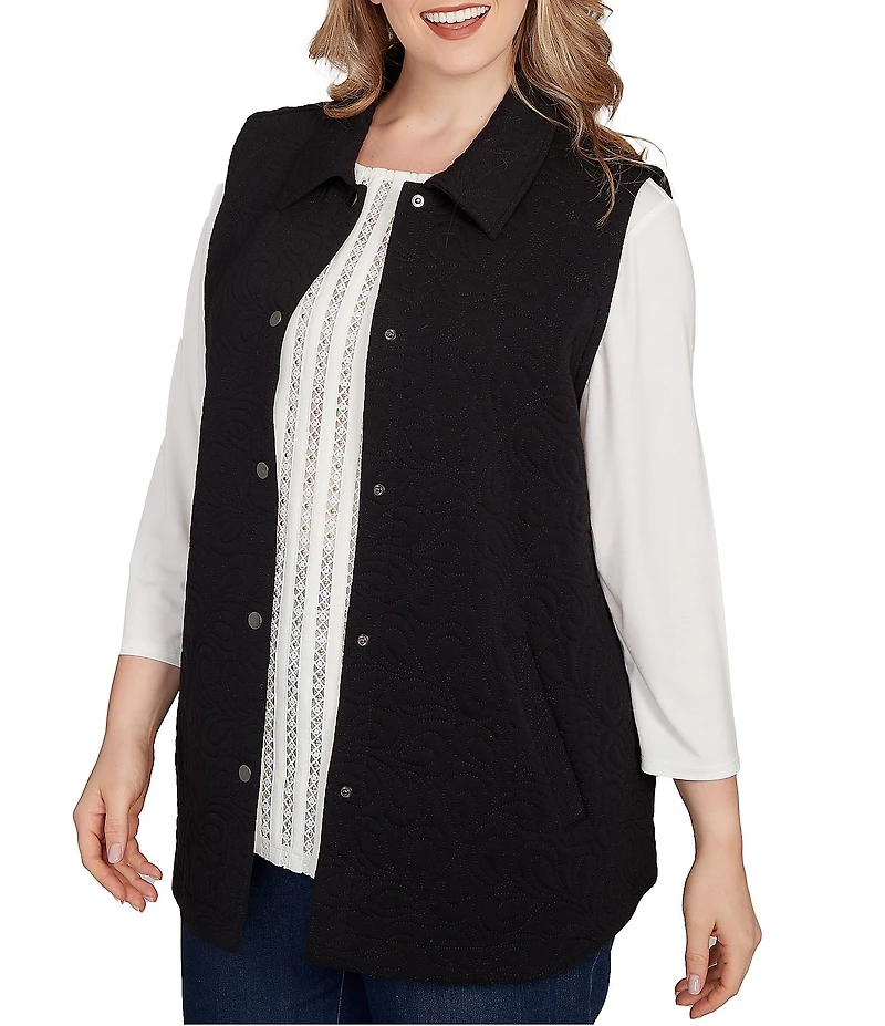Ruby Rd. Plus Size French Terry Quilted Point Collar Sleeveless Snap-Front Vest