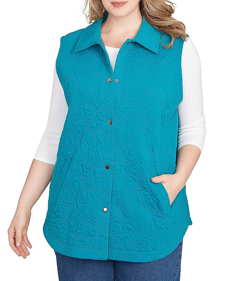 Ruby Rd. Plus Size French Terry Quilted Point Collar Sleeveless Snap-Front Vest