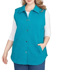 Ruby Rd. Plus Size French Terry Quilted Point Collar Sleeveless Snap-Front Vest