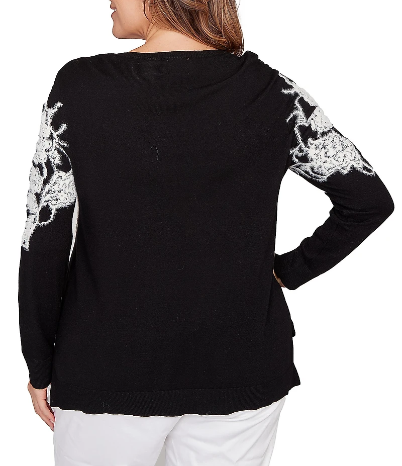 Ruby Rd. Plus Size Fuzzy Eyelash Jaquard Knit Floral Placement Crew Neckline Sweater