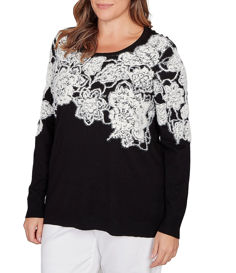 Ruby Rd. Plus Size Fuzzy Eyelash Jaquard Knit Floral Placement Crew Neckline Sweater