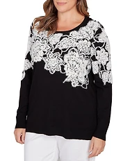 Ruby Rd. Plus Size Fuzzy Eyelash Jaquard Knit Floral Placement Crew Neckline Sweater