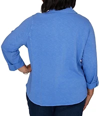 Ruby Rd. Plus Size Garment Washed Point Collar 3/4 Roll-Tab Sleeve Button Front Shirt