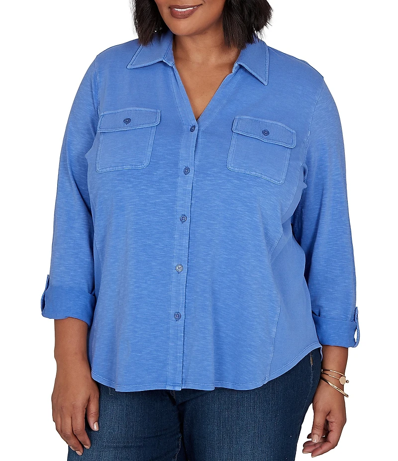 Ruby Rd. Plus Size Garment Washed Point Collar 3/4 Roll-Tab Sleeve Button Front Shirt