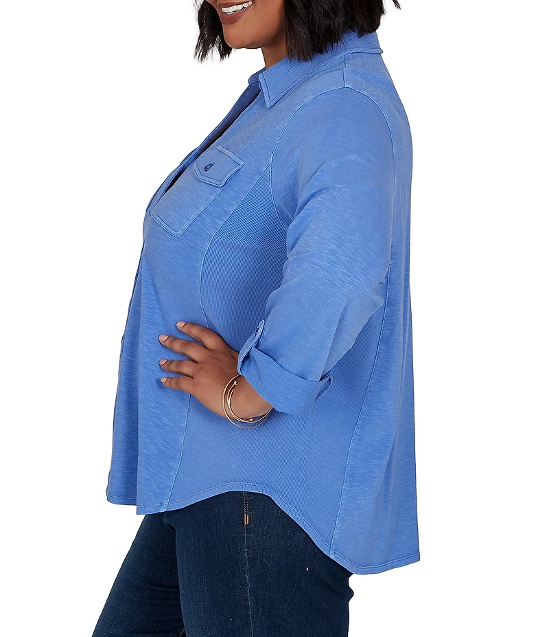 Ruby Rd. Plus Size Garment Washed Point Collar 3/4 Roll-Tab Sleeve Button Front Shirt