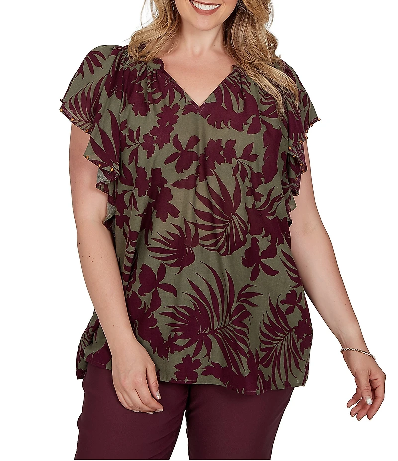 Ruby Rd. Plus Size Gauze Foliage Airy V-Neck Short Flutter Sleeve Top
