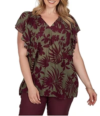Ruby Rd. Plus Size Gauze Foliage Airy V-Neck Short Flutter Sleeve Top