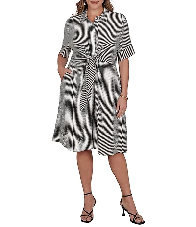 Ruby Rd. Plus Size Gauze Stripe Point Collar Short Sleeve Adjustable Tie Waist Midi Shirtdress
