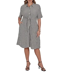 Ruby Rd. Plus Size Gauze Stripe Point Collar Short Sleeve Adjustable Tie Waist Midi Shirtdress