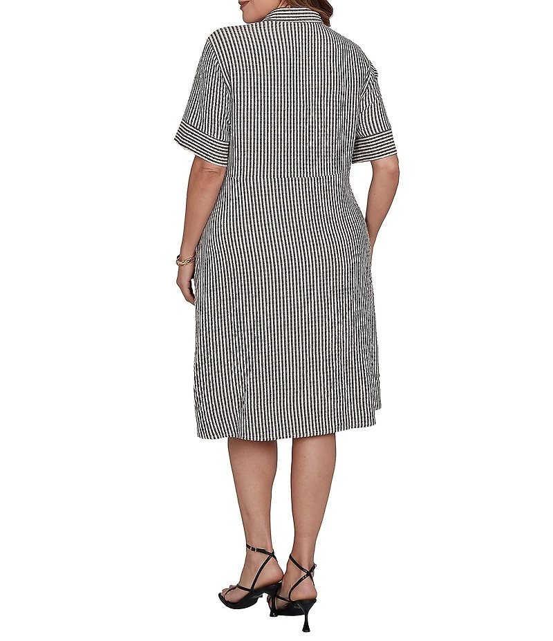 Ruby Rd. Plus Size Gauze Stripe Point Collar Short Sleeve Adjustable Tie Waist Midi Shirtdress