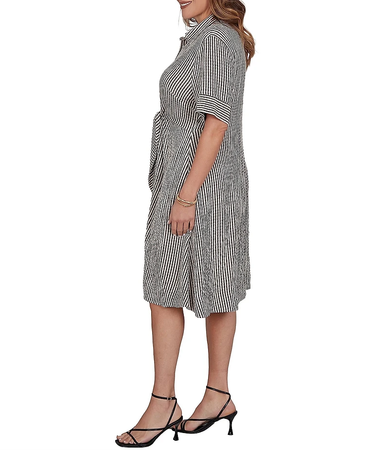 Ruby Rd. Plus Size Gauze Stripe Point Collar Short Sleeve Adjustable Tie Waist Midi Shirtdress