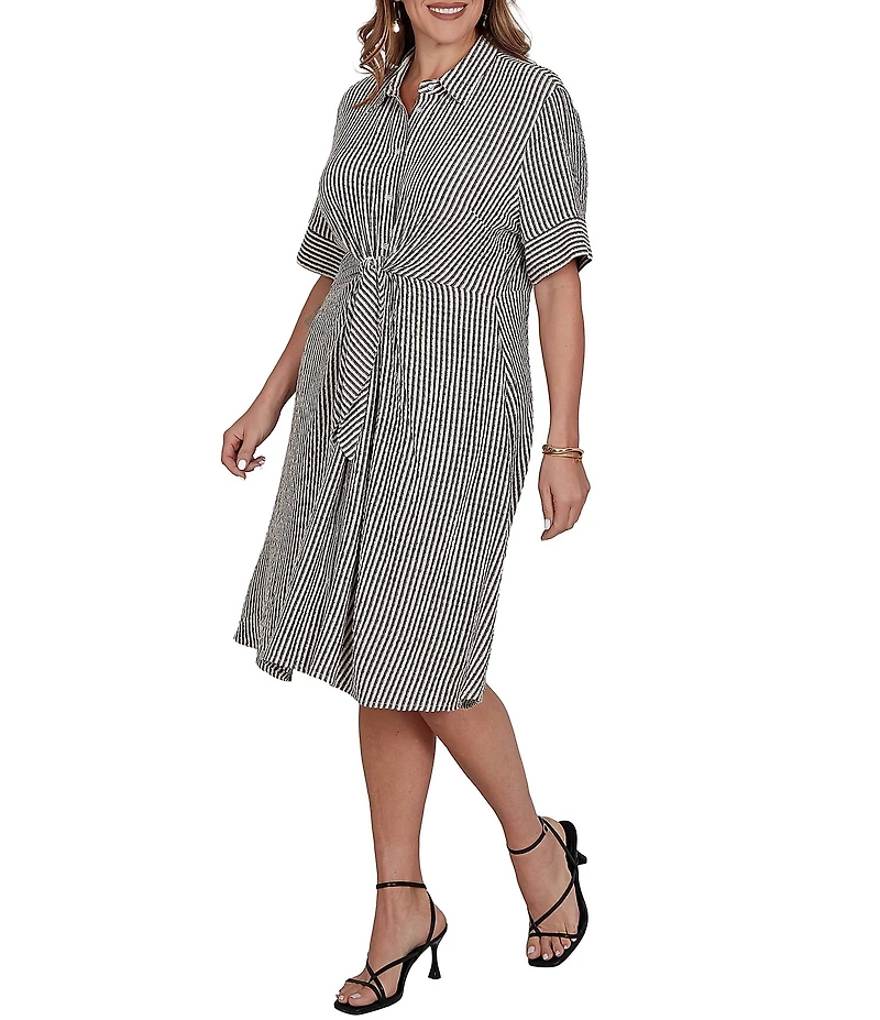Ruby Rd. Plus Size Gauze Stripe Point Collar Short Sleeve Adjustable Tie Waist Midi Shirtdress