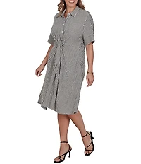 Ruby Rd. Plus Size Gauze Stripe Point Collar Short Sleeve Adjustable Tie Waist Midi Shirtdress